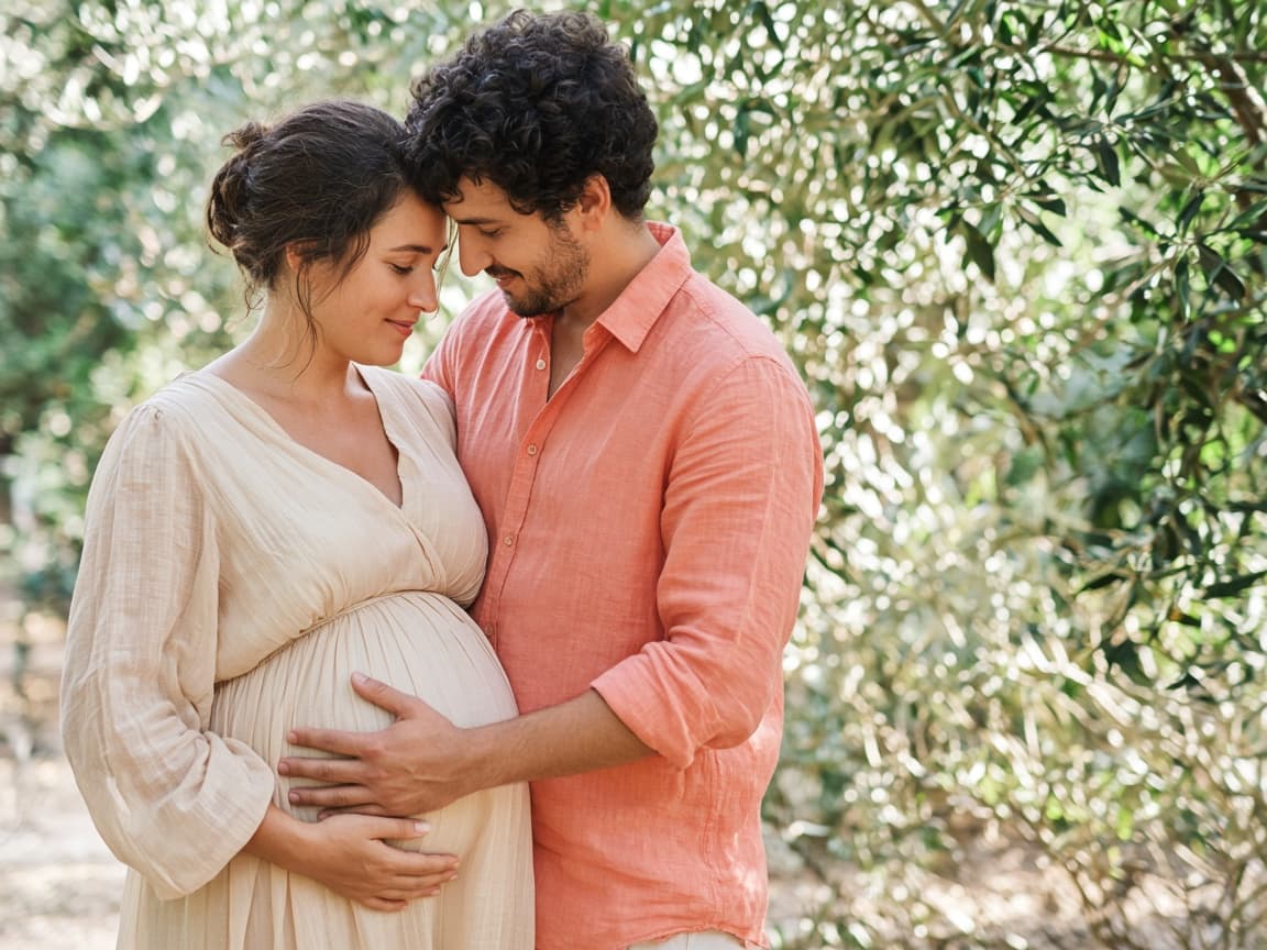 Parents sharing a quiet outdoor moment during pregnancy